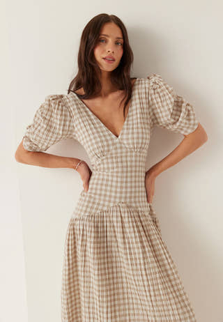 Ruched Puff Sleeve Ankle Dress
