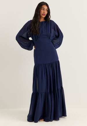 Batwing Chiffon Tiered Maxi Dress Blue