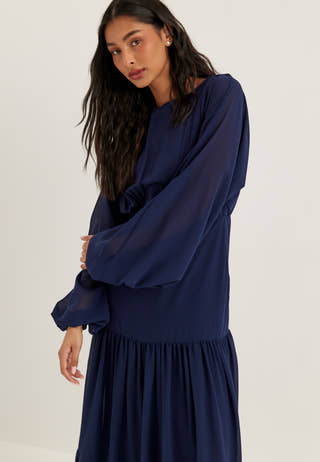 Batwing Chiffon Tiered Maxi Dress Blue