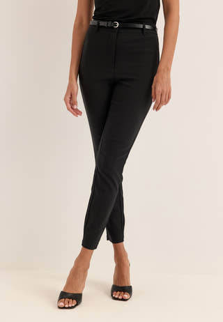 High Waist Stretchy Ankle Slit Trousers Black