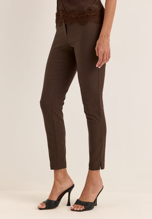 High Waist Stretchy Ankle Slit Trousers Brown