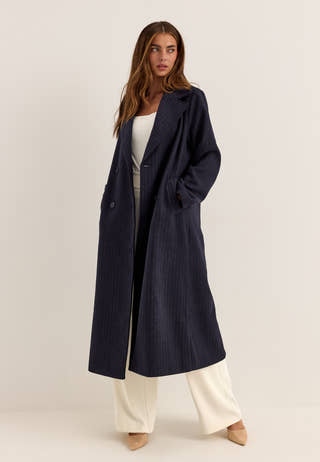 Straight Wool Blend Coat Striped
