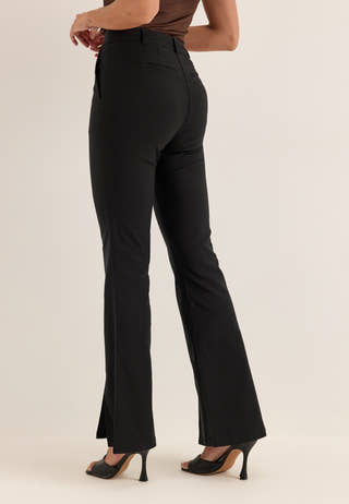Mid Waist Stretchy Flared Slit Trousers Black