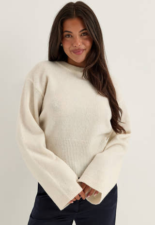 Knitted Wool Blend Wide Sleeve Sweater White