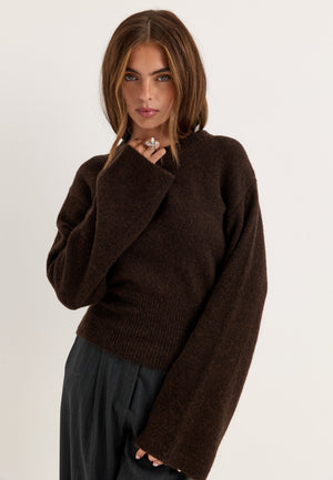 Knitted Wool Blend Wide Sleeve Sweater Brown