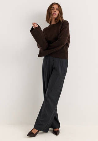 Knitted Wool Blend Wide Sleeve Sweater Brown