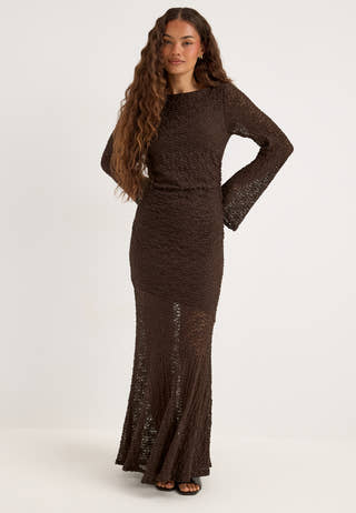 Long Sleeve Lace Maxi Dress Brown