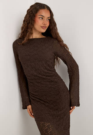Long Sleeve Lace Maxi Dress Brown