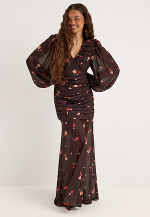 Balloon Sleeve Chiffon Maxi Dress Patterned