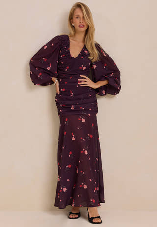 Balloon Sleeve Chiffon Maxi Dress