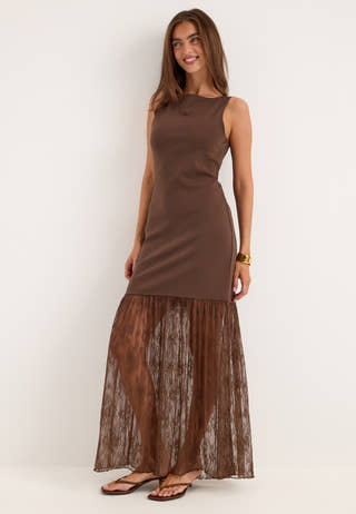 Combined Lace Maxi Dress Brown