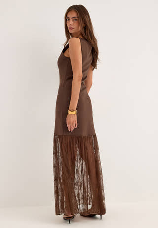 Combined Lace Maxi Dress Brown