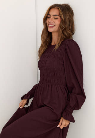 red long sleeve smock dress Linen Maxi Dress, Long Sleeve Smock Style, Loose Fit