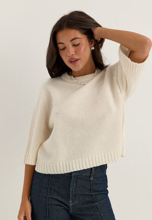 Knitted Wool Blend Short Sleeve Sweater White