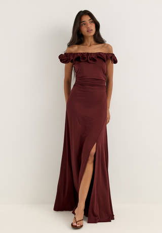 Flounce Neckline Soft Gown Red
