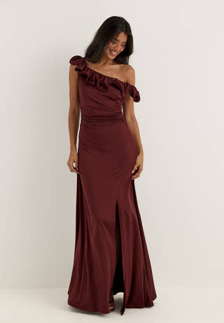 Flounce Neckline Soft Gown Red