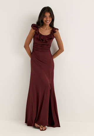 Flounce Neckline Soft Gown Red