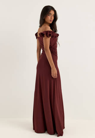 Flounce Neckline Soft Gown Red