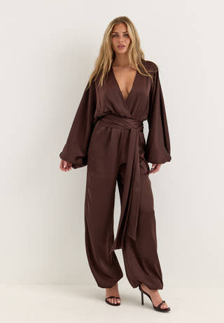 Satin Bubble Hem Jumpsuit Brown