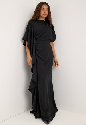 Draped Flounce Gown Black