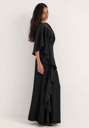 Draped Flounce Gown Black