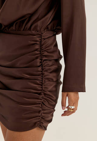 Ruched Satin Mini Dress Brown