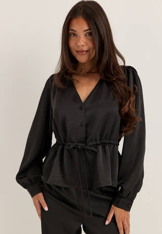 Satin Puff Sleeve Blouse Black