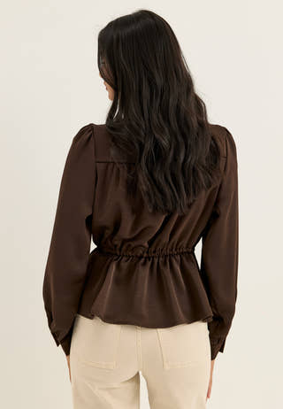 Satin Puff Sleeve Blouse Brown