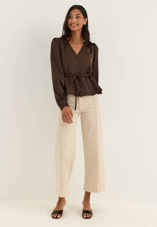 Satin Puff Sleeve Blouse Brown