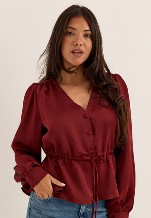 Satin Puff Sleeve Blouse Red