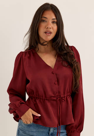 Satin Puff Sleeve Blouse Red