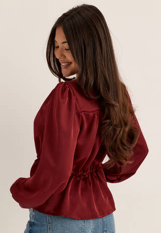 Satin Puff Sleeve Blouse Red