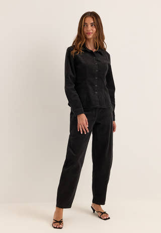 Mid Waist Corduroy Wide Trousers Black