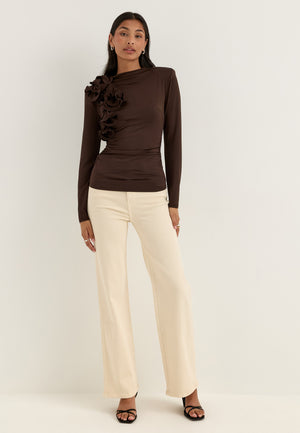 Flounce long Sleeve Top Brown