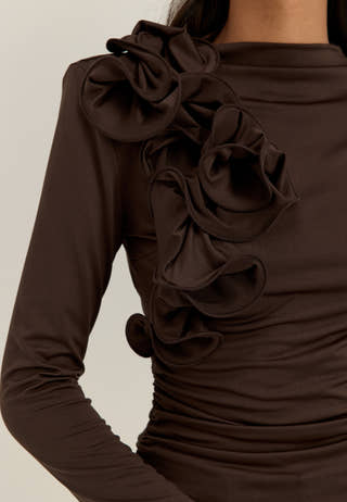 Flounce long Sleeve Top Brown