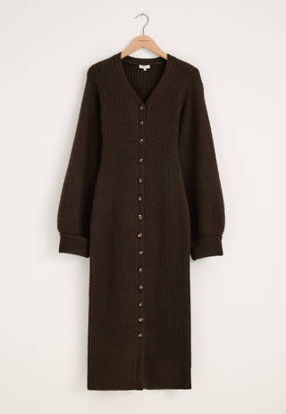 Knitted Volume Sleeve Cardigan Dress Brown