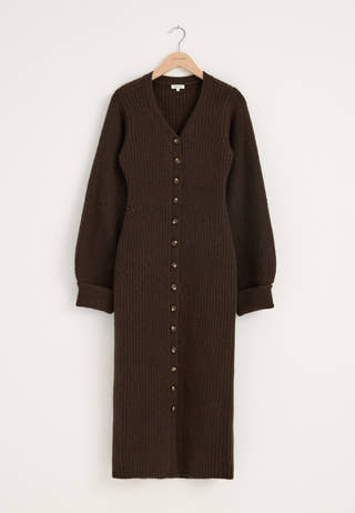 Knitted Volume Sleeve Cardigan Dress Brown