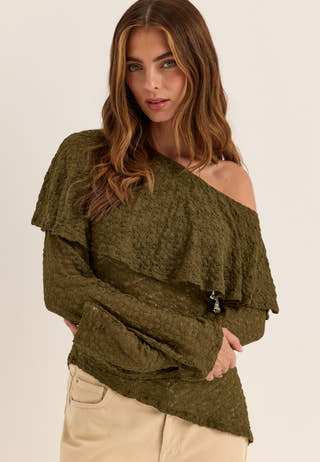 Saga Asymmetric Lace Top Green