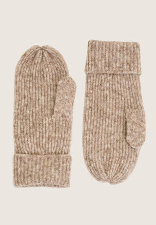 Wool Blend Knitted Mittens Beige