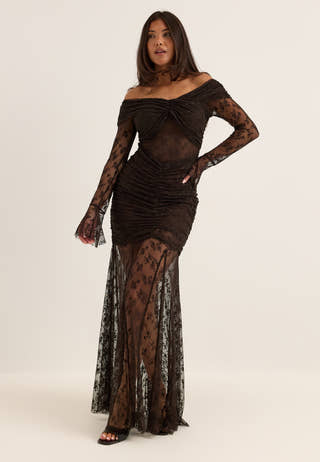 Off Shoulder Lace Gown Brown