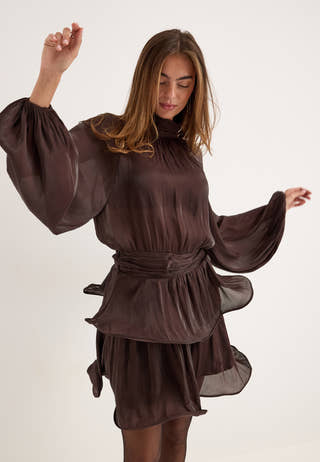 Balloon Sleeve Short Flounce Dress Brown