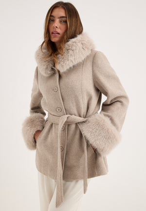 Hooded Wool Blend Coat Beige