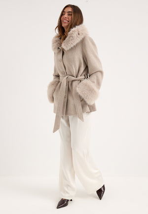 Hooded Wool Blend Coat Beige