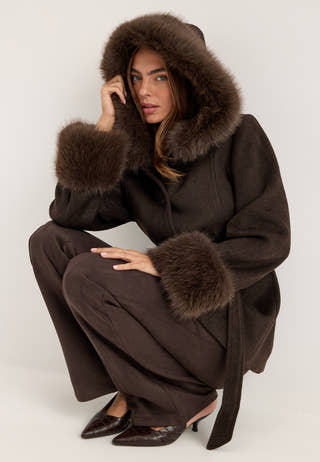 Hooded Wool Blend Coat Brown