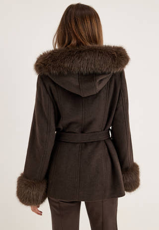 Hooded Wool Blend Coat Brown