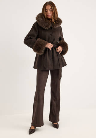 Hooded Wool Blend Coat Brown