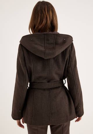 Hooded Wool Blend Coat Brown