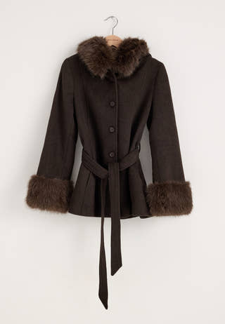 Hooded Wool Blend Coat Brown