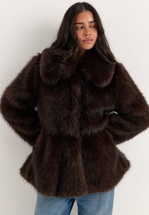 Short Peplum Faux Fur Coat Brown