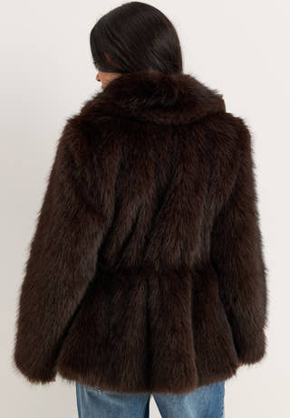 Short Peplum Faux Fur Coat Brown